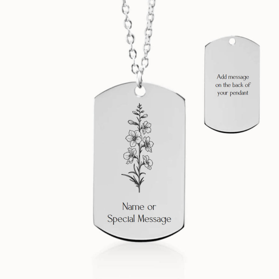 Personalized Larkspur Birth Flower Tag Pendant Necklace in Silver, July Birthday Gift for Her