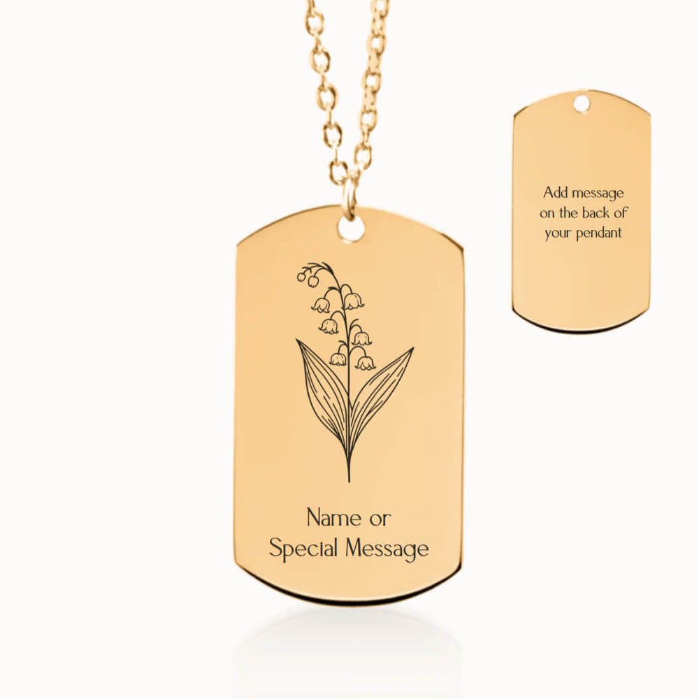 Personalized Lily of the Valley Birth Flower Tag Pendant Necklace in Gold, May Birthday Gift for Her