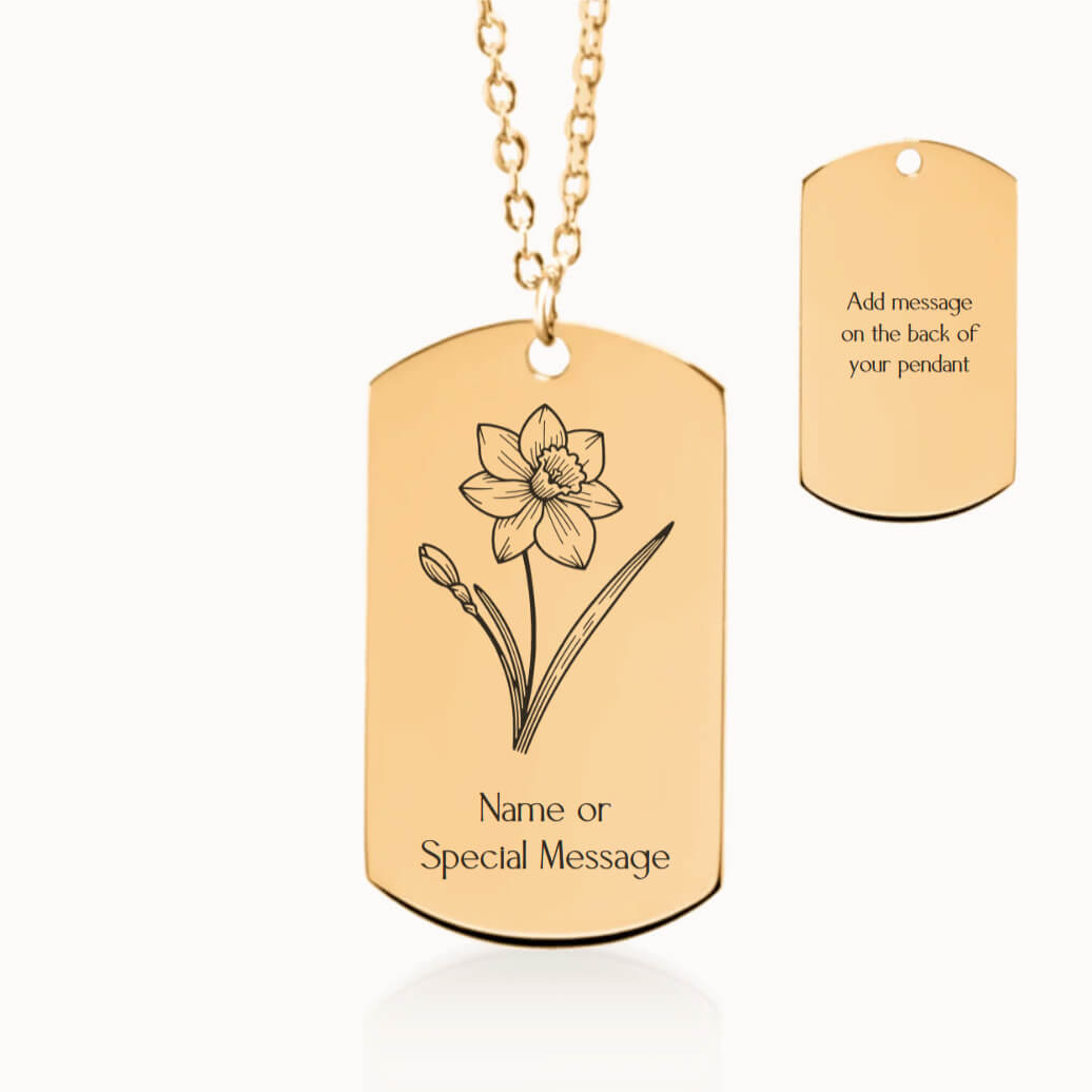 Personalized Narcissus Birth Flower Tag Pendant Necklace in Gold, December Birthday Gift for Her