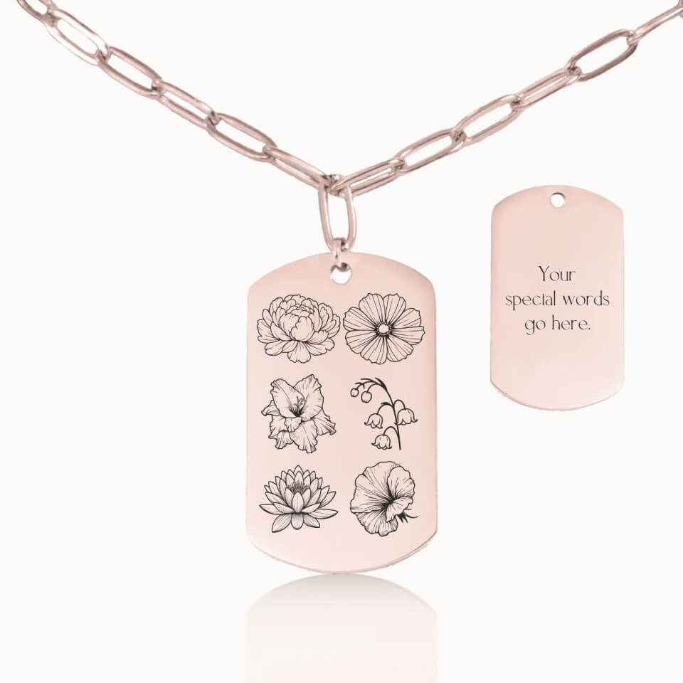 Tag Birth Flower Garden Necklace with Paperclip Chain in Rose Gold, Personalized Gift, Designed With Meaning