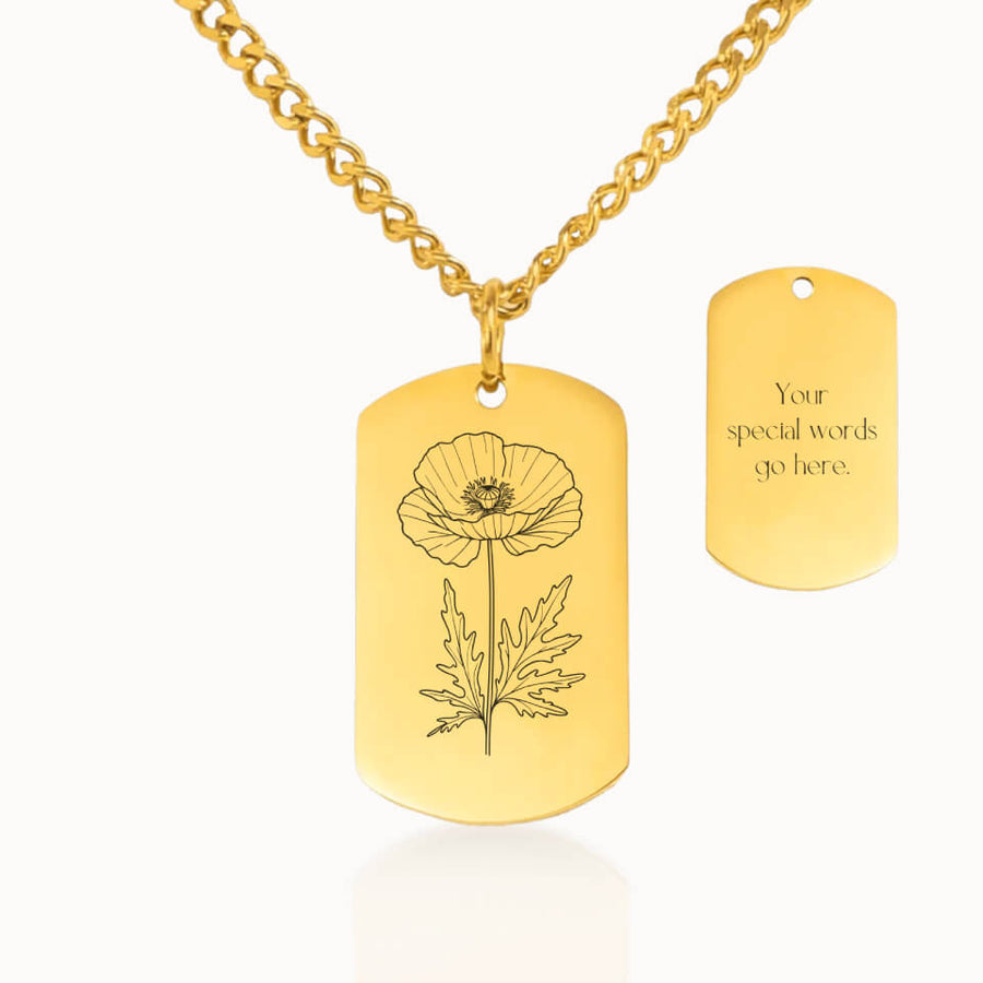 Tag Birth Flower Necklace with Cuban Link Chain in Gold, Personalized Gift, Designed With Meaning