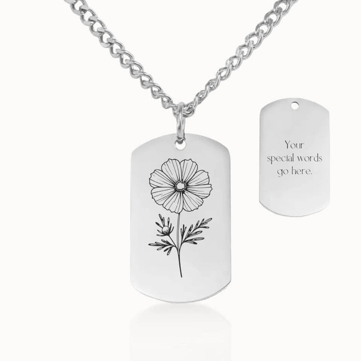 Tag Birth Flower Necklace with Cuban Link Chain in Silver, Personalized Gift, Designed With Meaning