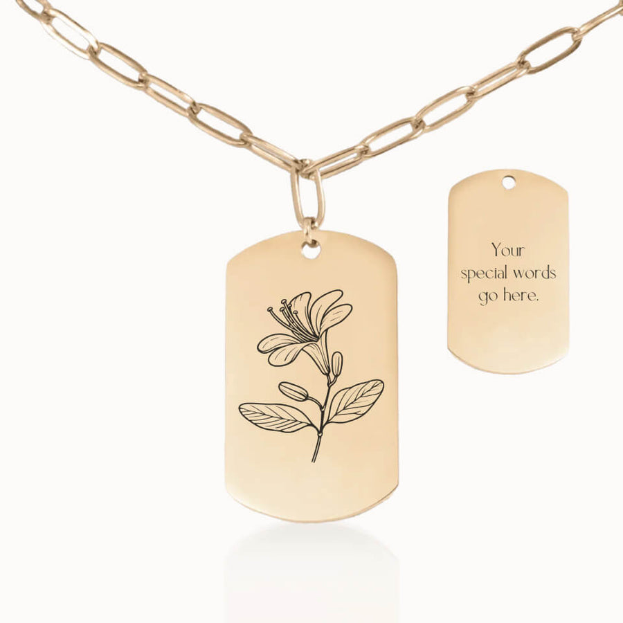 Personalized Tag Birth Flower Necklace with Paperclip Chain in Gold, Personalized Necklace Gift, Designed With Meaning