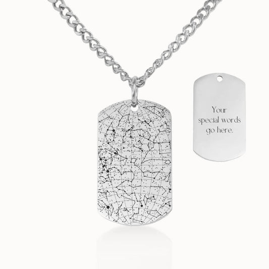 Tag Star Map Necklace with Cuban Link Chain in Silver, Personalized Gift, Designed With Meaning