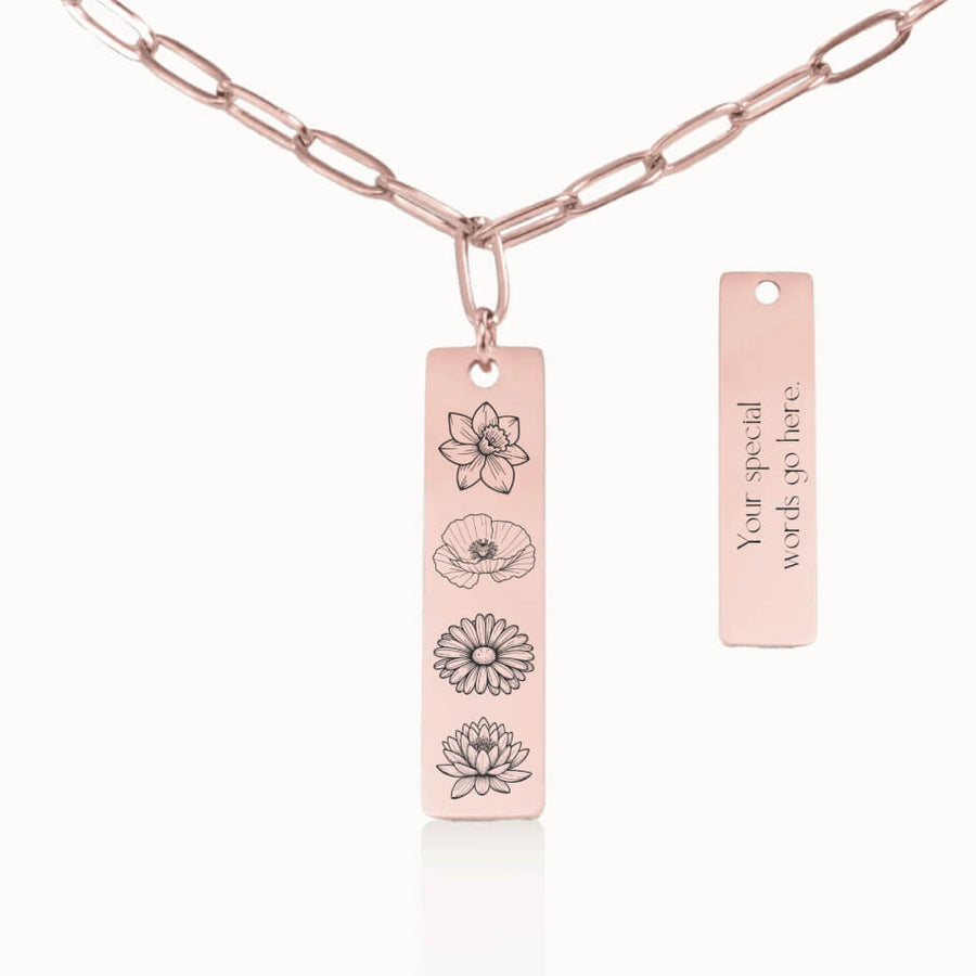 Vertical Birth Flower Garden Necklace with Paperclip Chain in Rose Gold, Personalized Gift for Mom and Grandma, Designed With Meaning