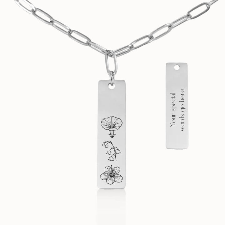 Vertical Birth Flower Garden Necklace with Paperclip Chain in Silver, Personalized Gift for Mom and Grandma, Designed With Meaning