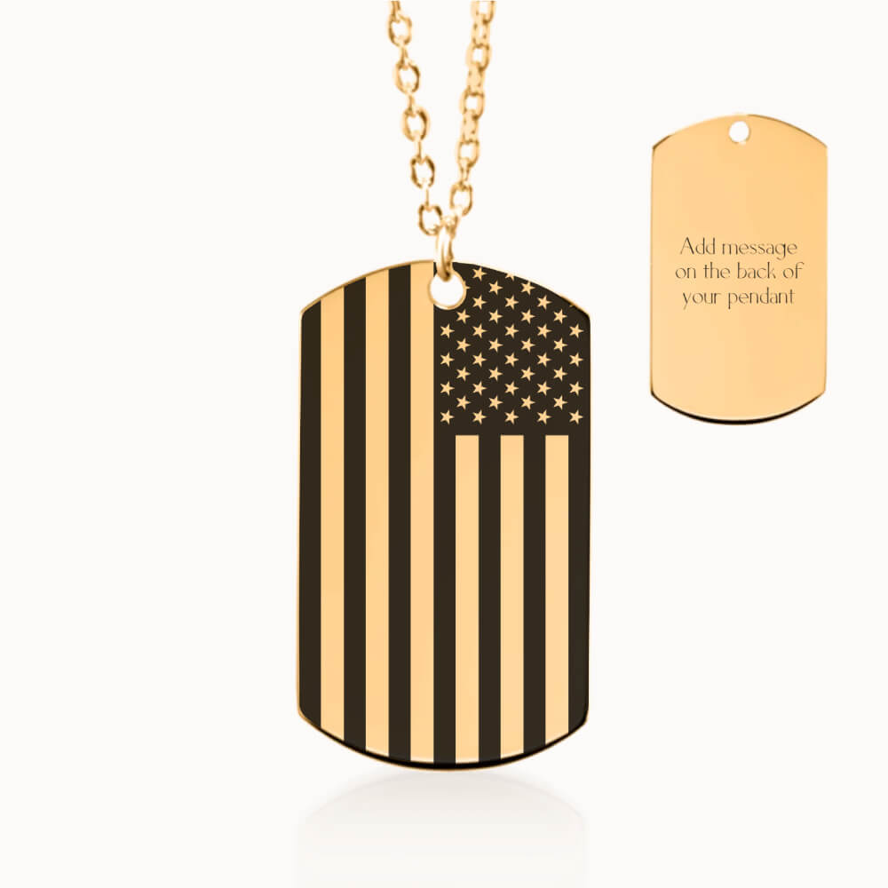 American Flag Necklace in Gold, Tag Pendant Personalized Patriotic Gift