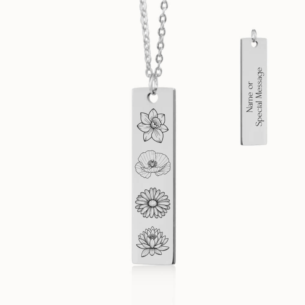 Vertical Birth Flower Garden Necklace in Silver, Personalized Gift for Her