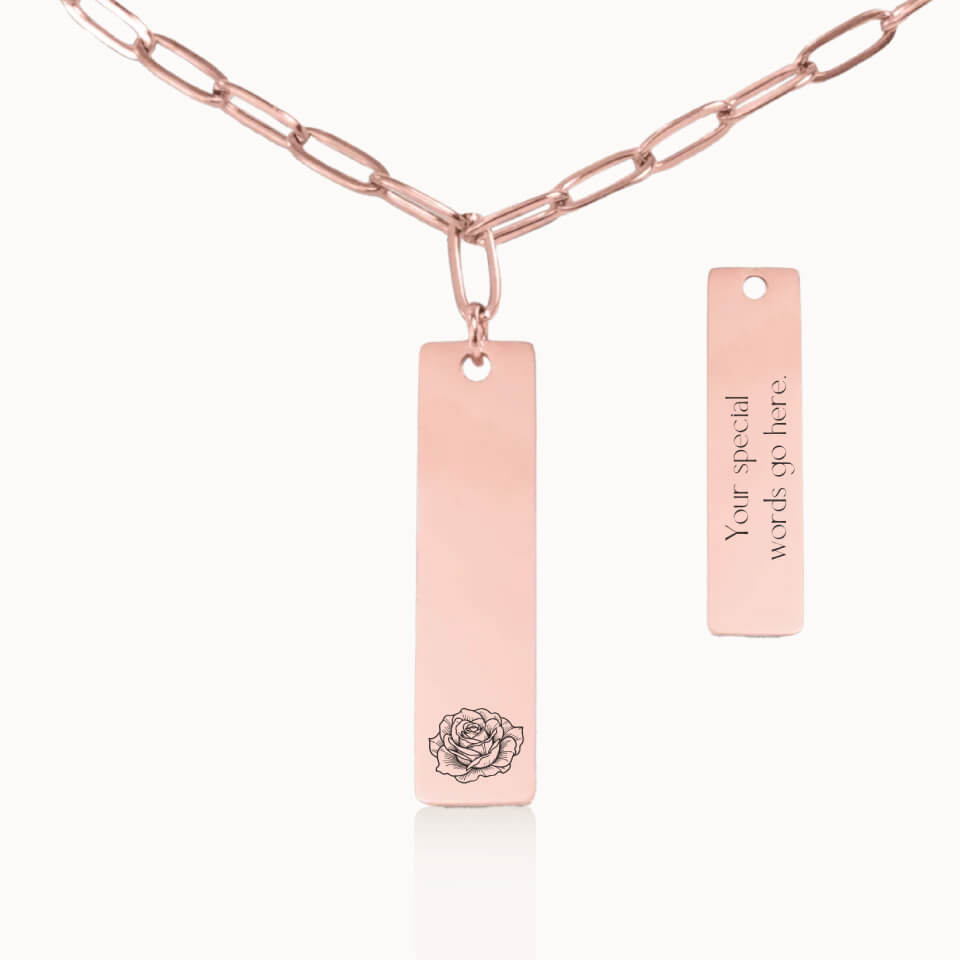 Personalized Vertical Birth Flower Necklace with Paperclip Chain in Rose Gold, Custom Gift for Her, Designed With Meaning