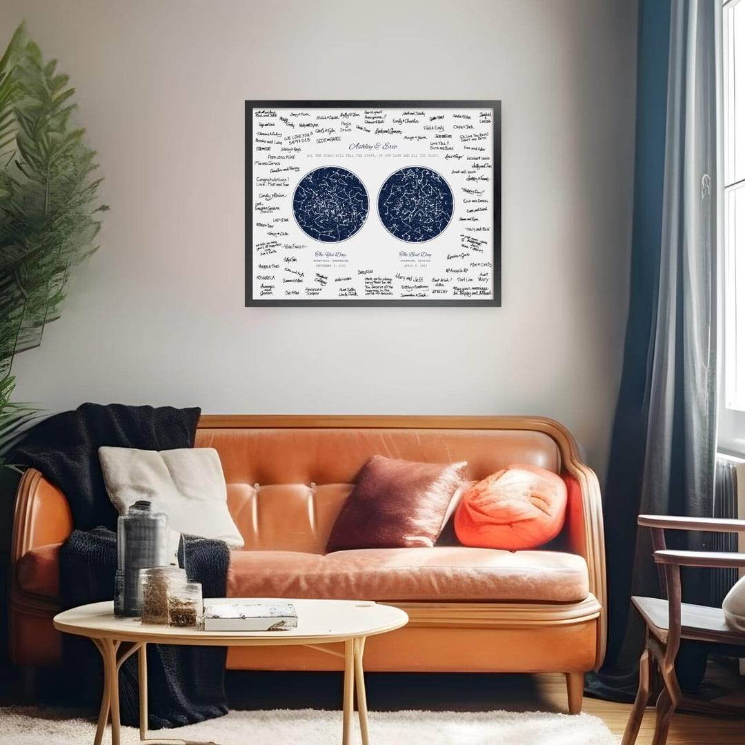 Personalized Wedding Guestbook Alternative, Star Map Personalized with 2 Night Skies, Black Thin Frame, Styled#color-finish_black-thin-frame