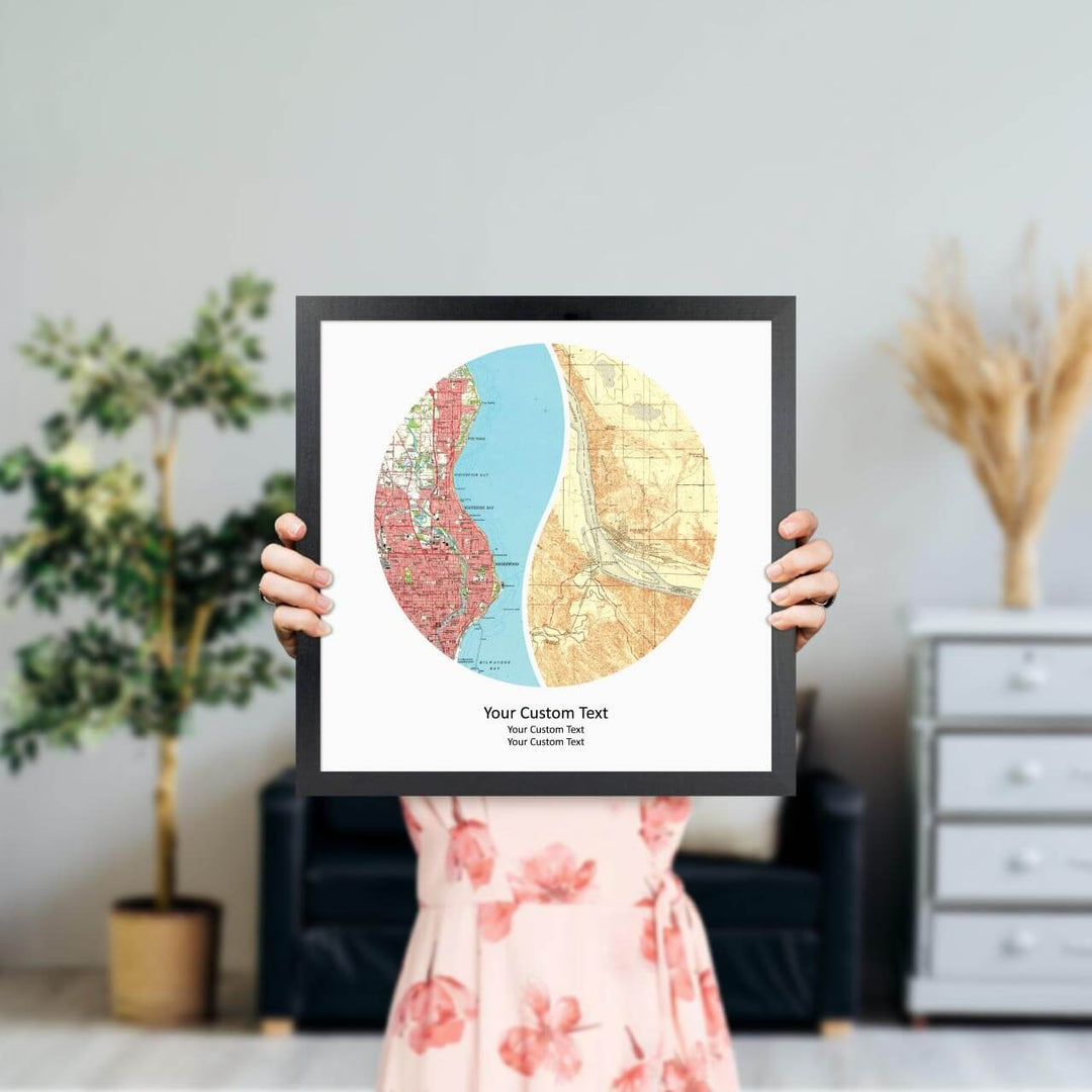 Circle Shape Atlas Art Personalized with 2 Joining Maps, Styled#color-finish_black-thin-frame
