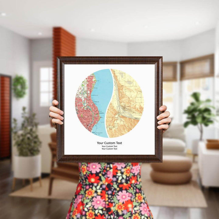 Circle Shape Atlas Art Personalized with 2 Joining Maps, Styled#color-finish_espresso-beveled-frame