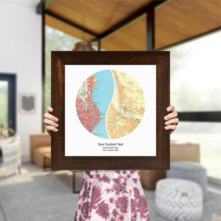 Circle Shape Atlas Art Personalized with 2 Joining Maps, Styled#color-finish_espresso-wide-frame