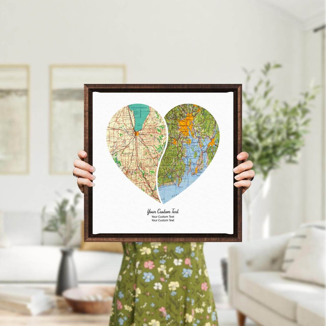 Heart Shape Atlas Art Personalized with 2 Joining Maps, Styled#color-finish_espresso-floater-frame