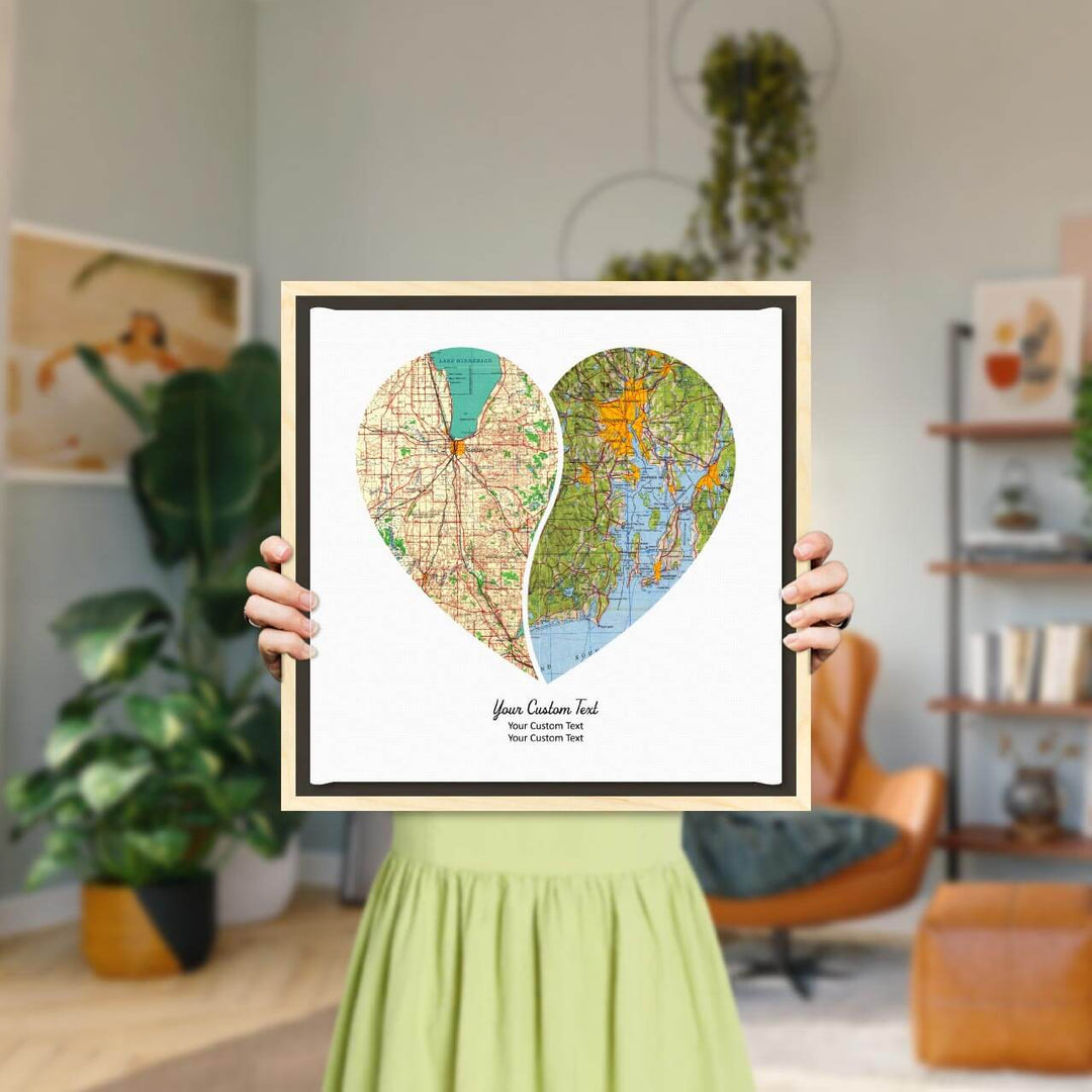 Heart Shape Atlas Art Personalized with 2 Joining Maps, Styled#color-finish_light-wood-floater-frame
