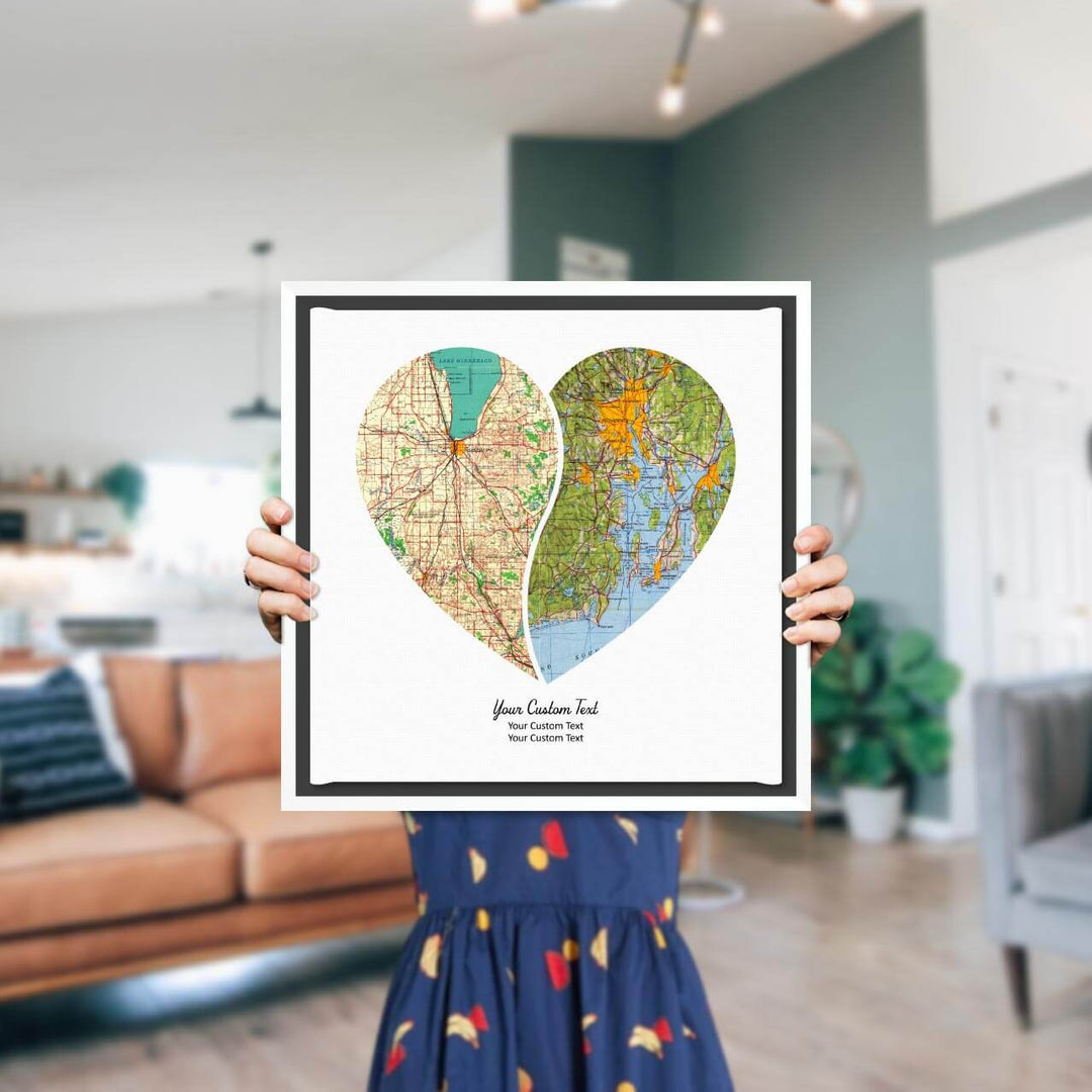Heart Shape Atlas Art Personalized with 2 Joining Maps, Styled#color-finish_white-floater-frame
