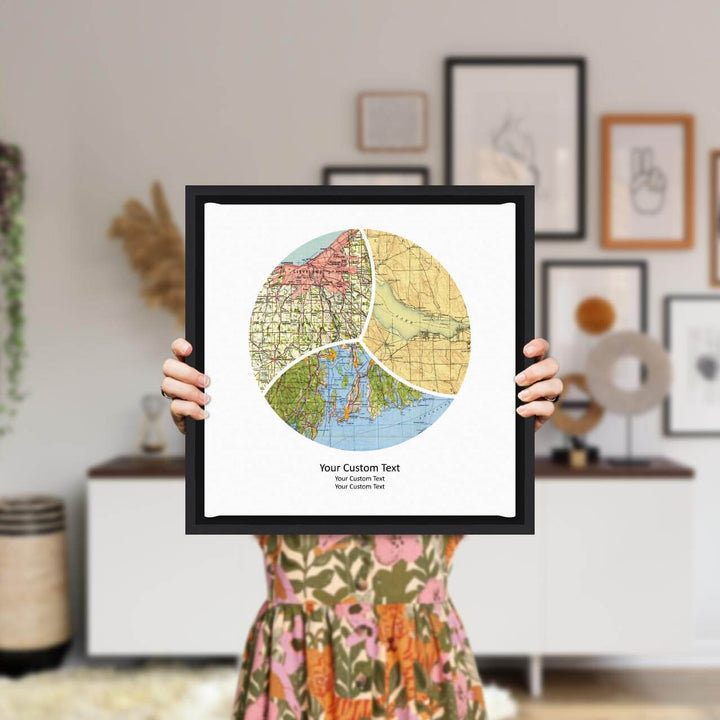 Circle Shape Atlas Art Personalized with 3 Joining Maps, Styled#color-finish_black-floater-frame