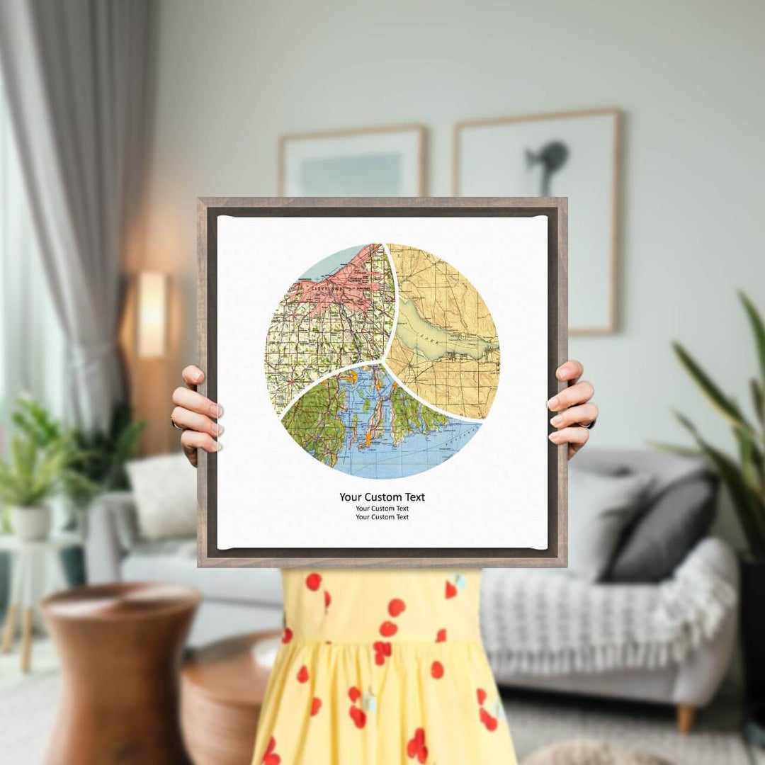 Circle Shape Atlas Art Personalized with 3 Joining Maps, Styled#color-finish_gray-floater-frame