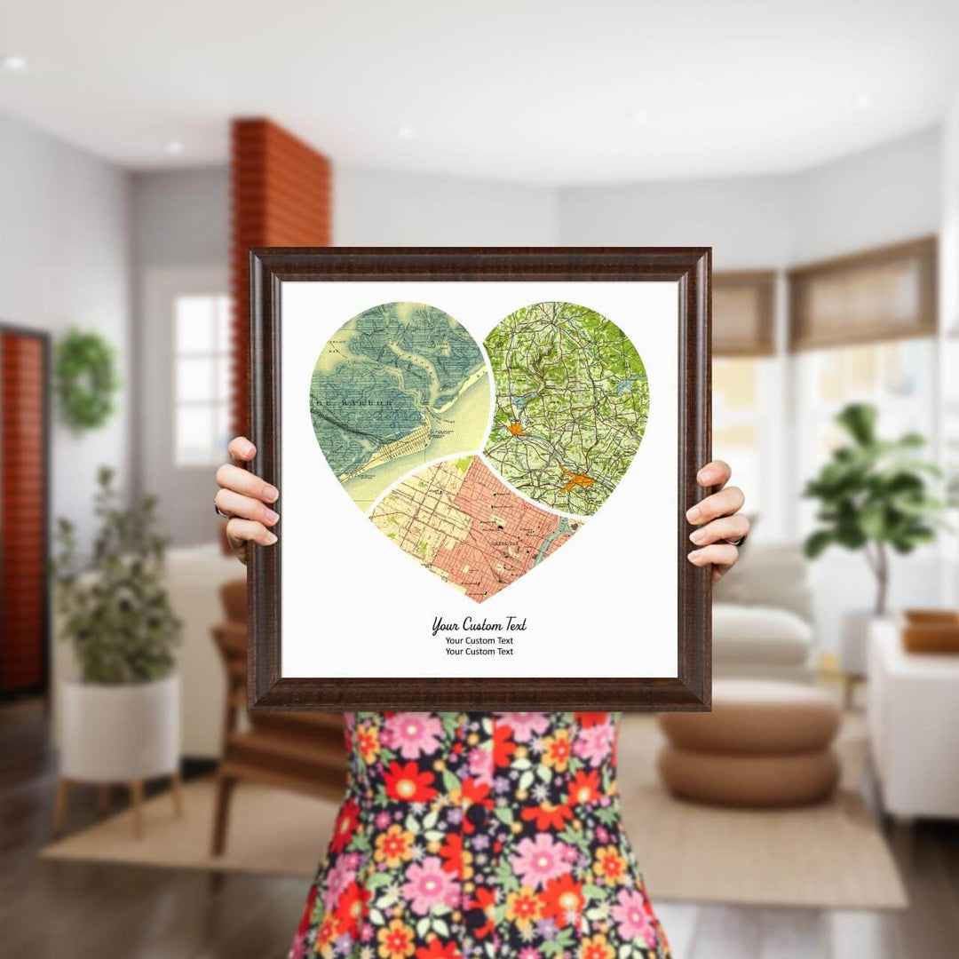 Heart Shape Atlas Art Personalized with 3 Joining Maps, Styled#color-finish_espresso-beveled-frame