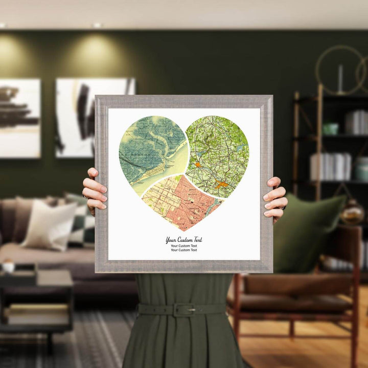 Heart Shape Atlas Art Personalized with 3 Joining Maps, Styled#color-finish_gray-beveled-frame