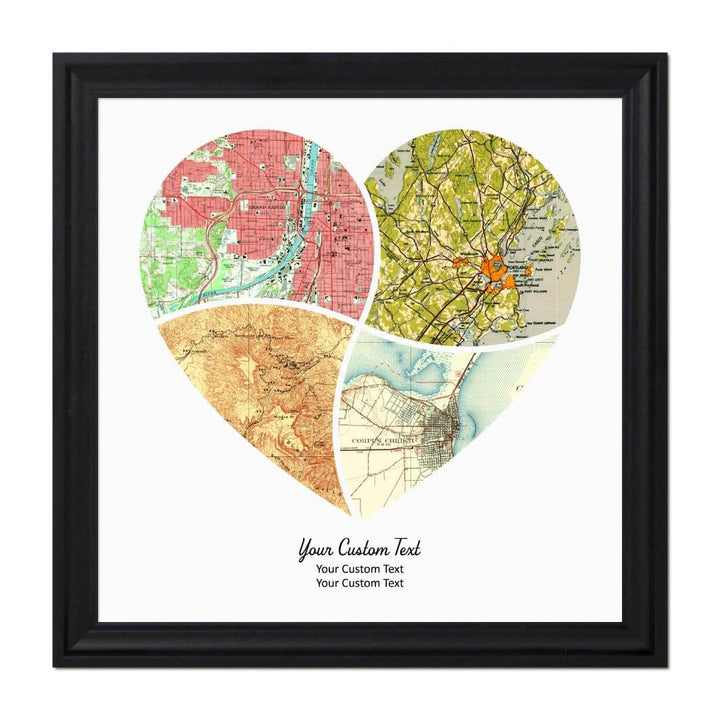 Heart Shape Atlas Art Personalized with 4 Joining Maps#color-finish_black-beveled-frame