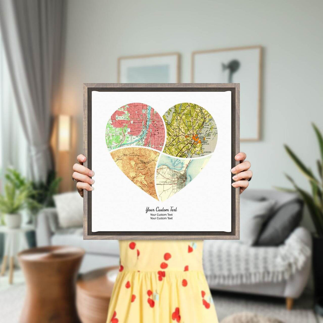 Heart Shape Atlas Art Personalized with 4 Joining Maps, Styled#color-finish_gray-floater-frame