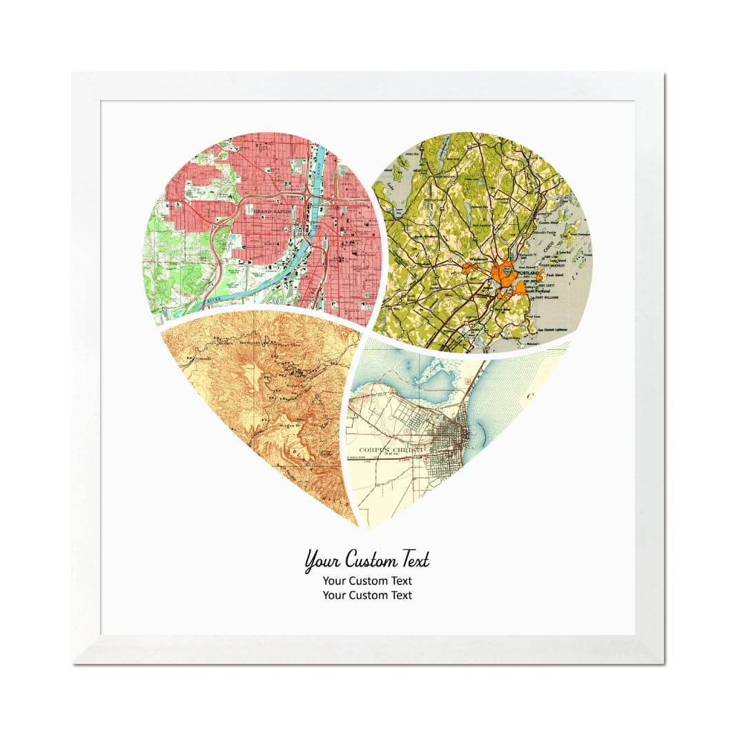 Heart Shape Atlas Art Personalized with 4 Joining Maps#color-finish_white-thin-frame