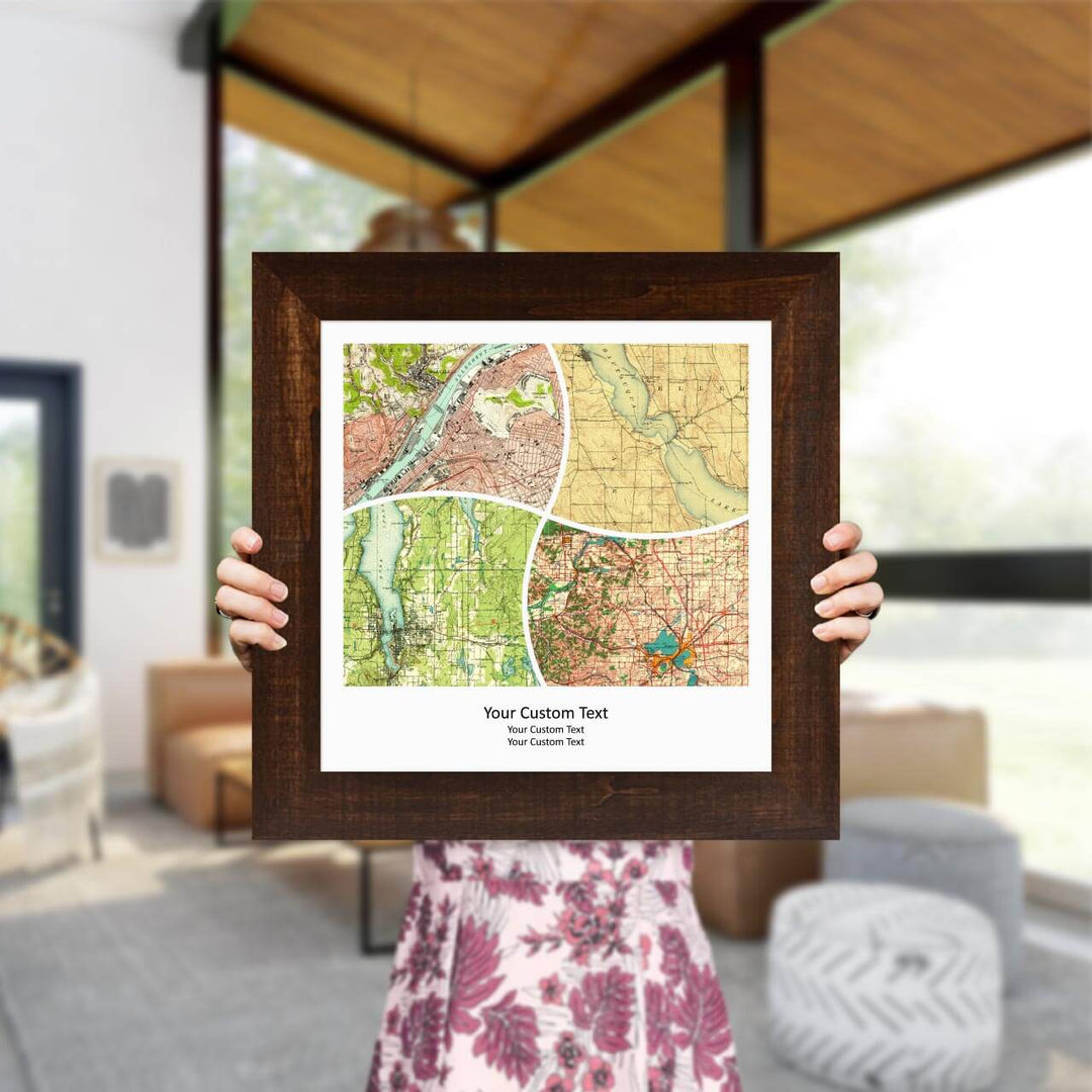 Rectangle Shape Atlas Art Personalized with 4 Joining Maps, Styled#color-finish_espresso-wide-frame