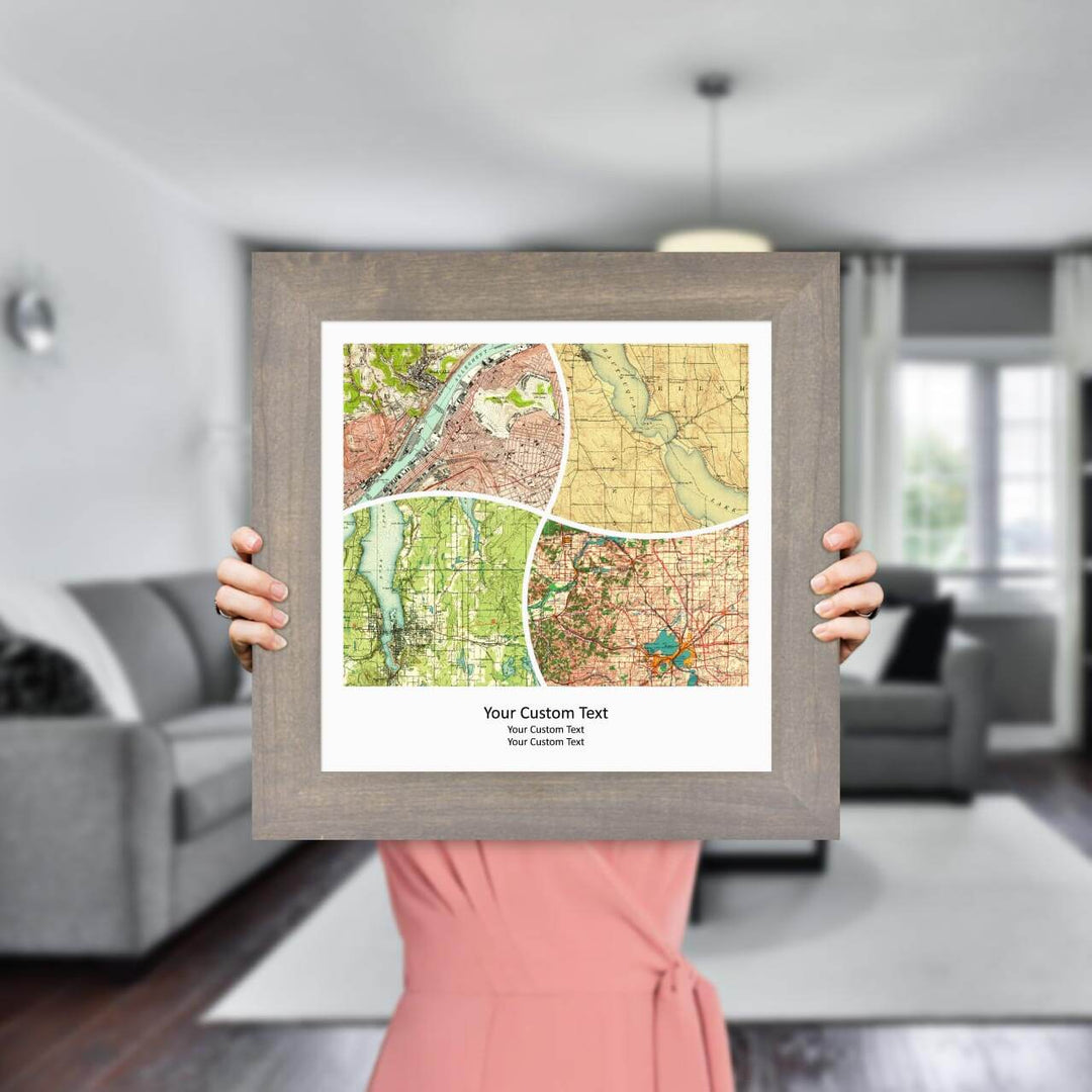 Rectangle Shape Atlas Art Personalized with 4 Joining Maps, Styled#color-finish_gray-wide-frame
