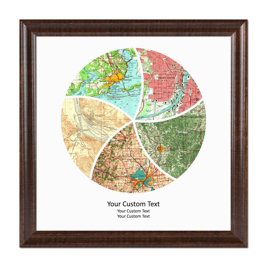 Circle Shape Atlas Art Personalized with 5 Joining Maps#color-finish_espresso-beveled-frame