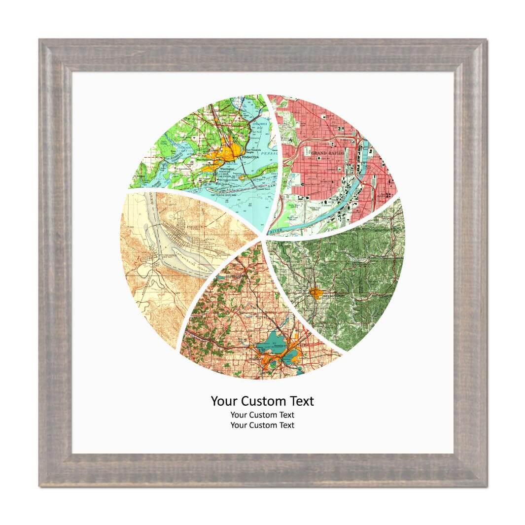 Circle Shape Atlas Art Personalized with 5 Joining Maps#color-finish_gray-beveled-frame