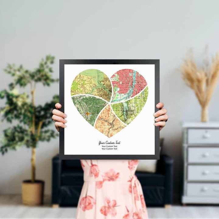 Heart Shape Atlas Art Personalized with 5 Joining Maps, Styled#color-finish_black-thin-frame