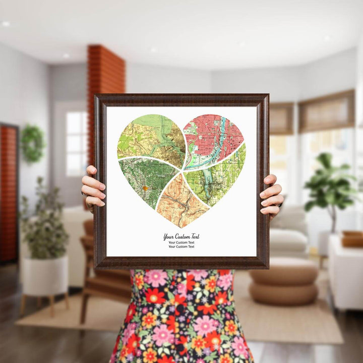 Heart Shape Atlas Art Personalized with 5 Joining Maps, Styled#color-finish_espresso-beveled-frame