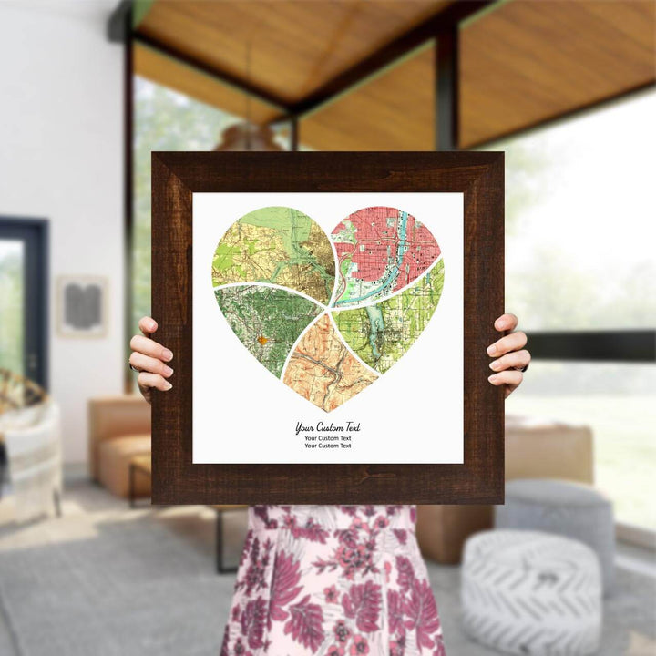 Heart Shape Atlas Art Personalized with 5 Joining Maps, Styled#color-finish_espresso-wide-frame