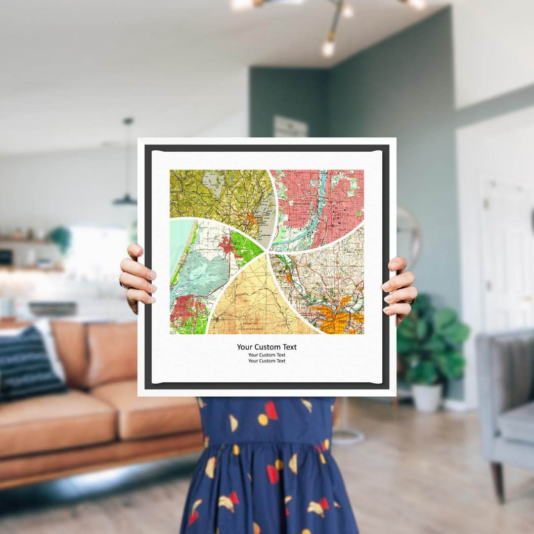Rectangle Shape Atlas Art Personalized with 5 Joining Maps, Styled#color-finish_white-floater-frame