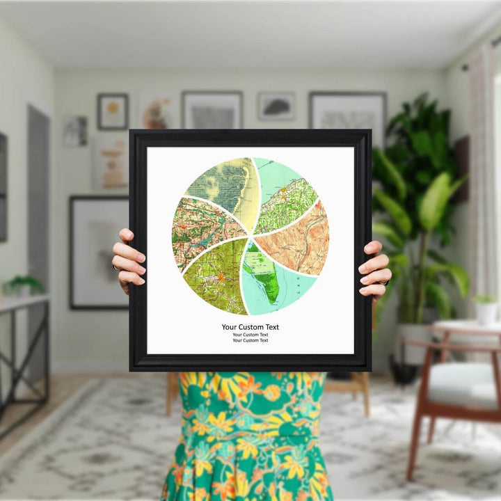 Circle Shape Atlas Art Personalized with 6 Joining Maps, Styled#color-finish_black-beveled-frame