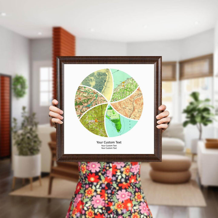Circle Shape Atlas Art Personalized with 6 Joining Maps, Styled#color-finish_espresso-beveled-frame