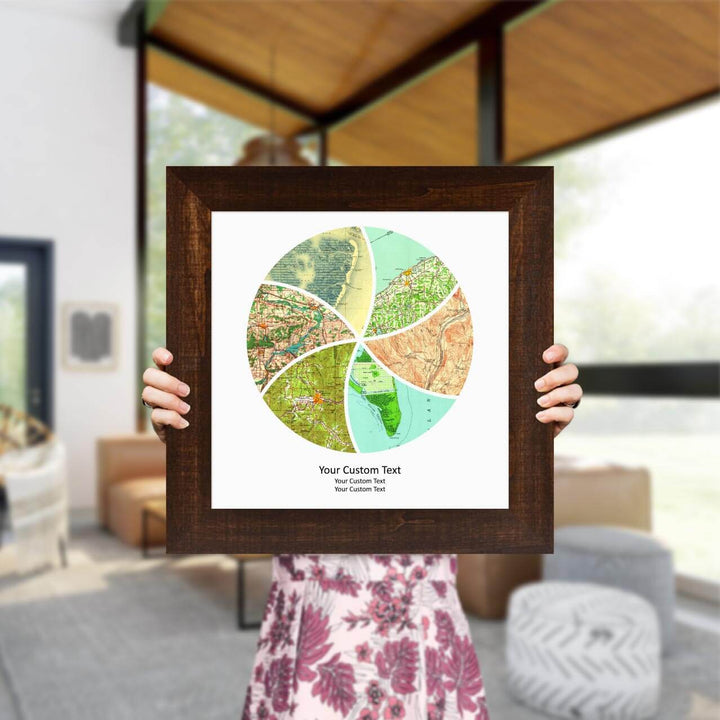 Circle Shape Atlas Art Personalized with 6 Joining Maps, Styled#color-finish_espresso-wide-frame
