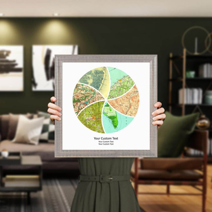 Circle Shape Atlas Art Personalized with 6 Joining Maps, Styled#color-finish_gray-beveled-frame