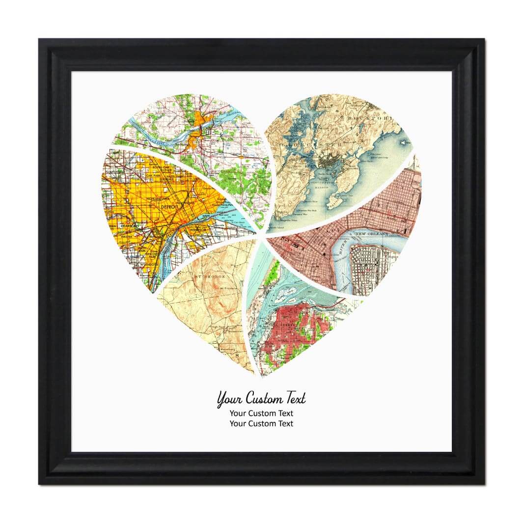 Heart Shape Atlas Art Personalized with 6 Joining Maps#color-finish_black-beveled-frame