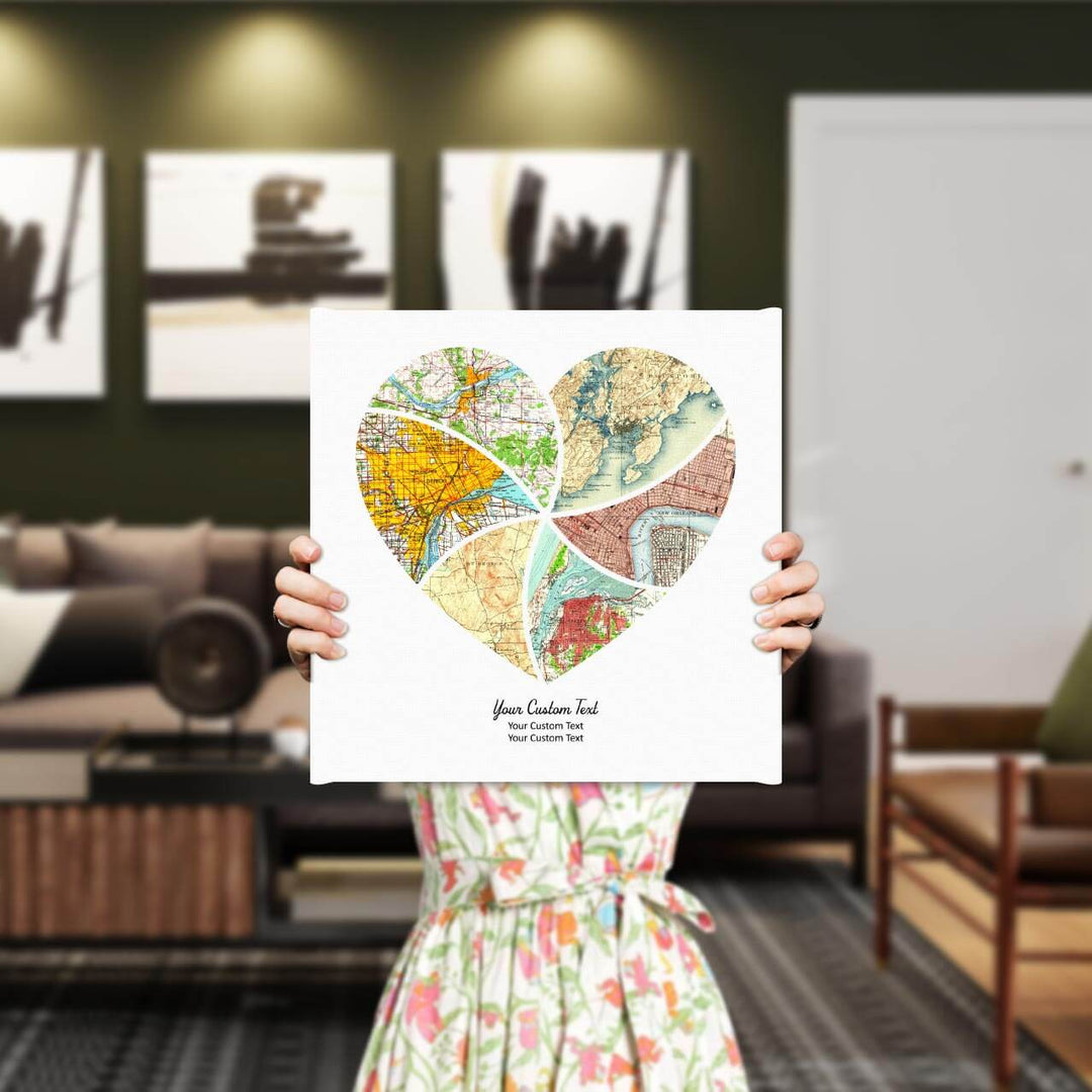 Heart Shape Atlas Art Personalized with 6 Joining Maps, Styled#color-finish_wrapped-canvas