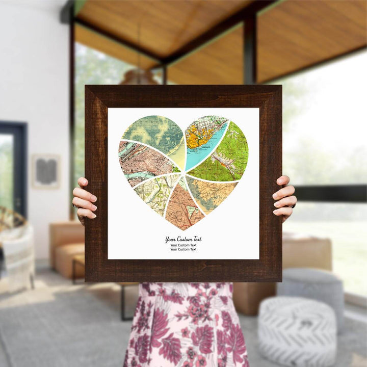 Heart Shape Atlas Art Personalized with 7 Joining Maps, Styled#color-finish_espresso-wide-frame