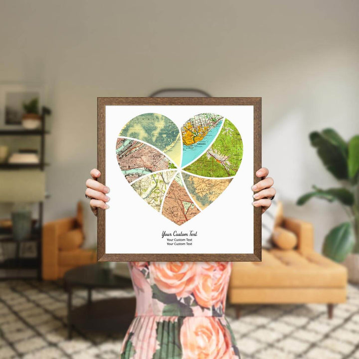 Heart Shape Atlas Art Personalized with 7 Joining Maps, Styled#color-finish_walnut-thin-frame