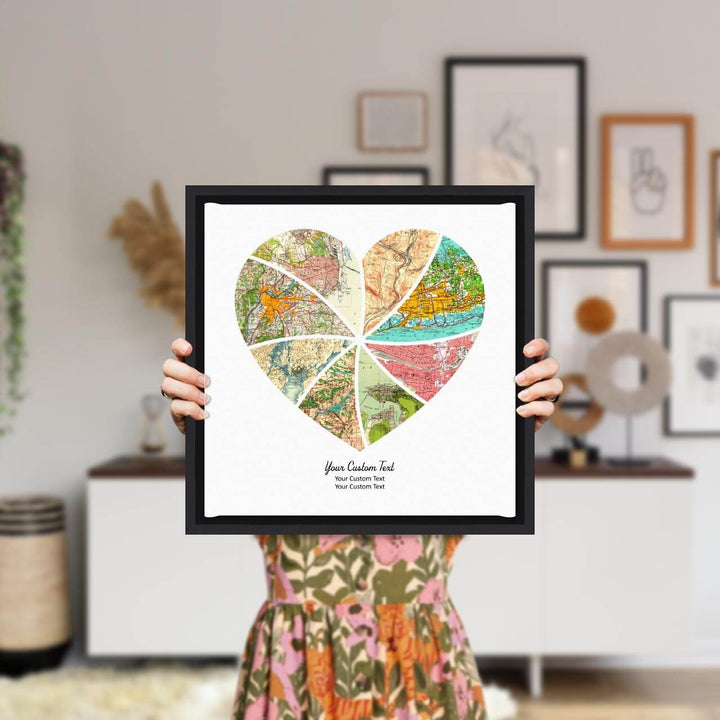 Heart Shape Atlas Art Personalized with 8 Joining Maps, Styled#color-finish_black-floater-frame