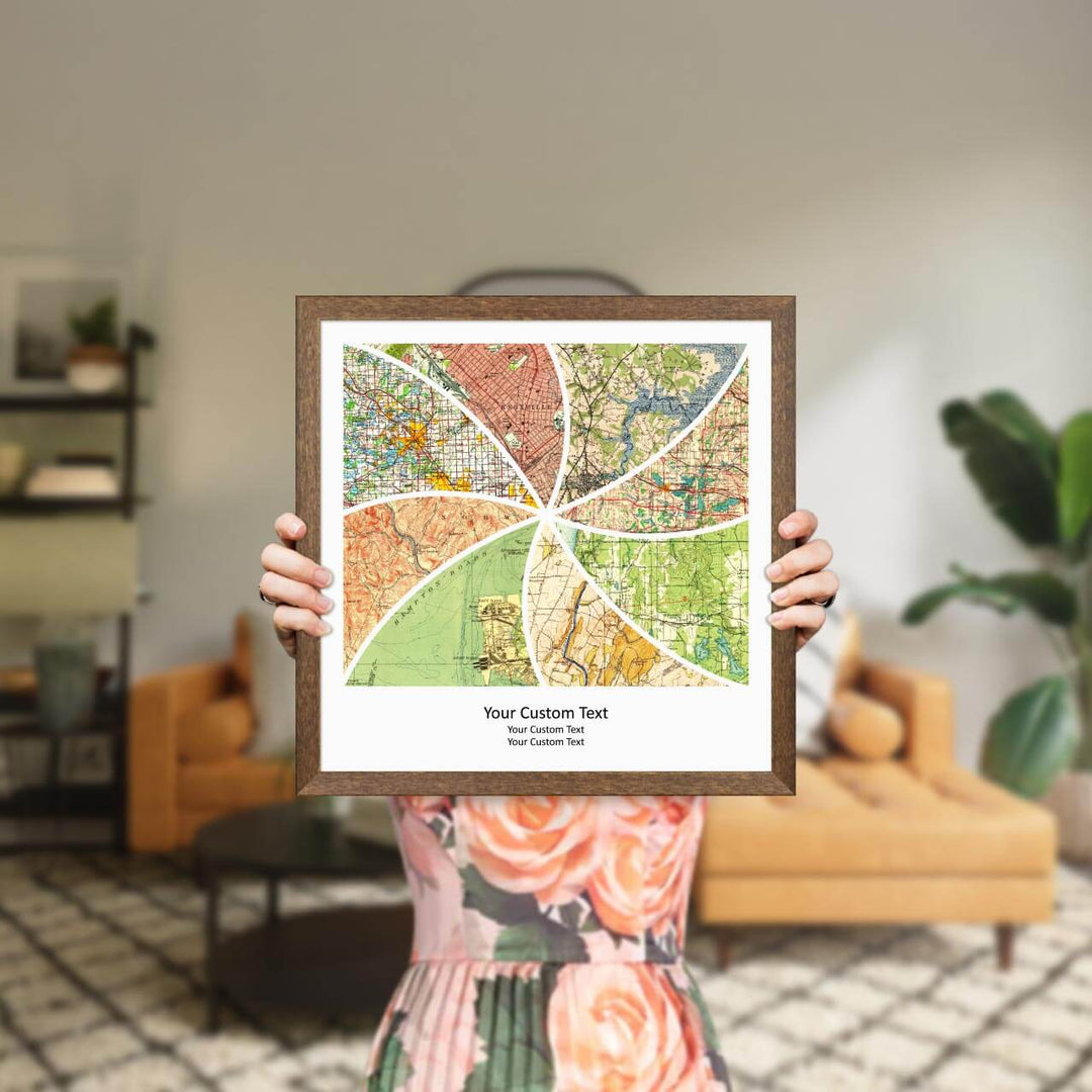 Rectangle Shape Atlas Art Personalized with 8 Joining Maps, Styled#color-finish_walnut-thin-frame