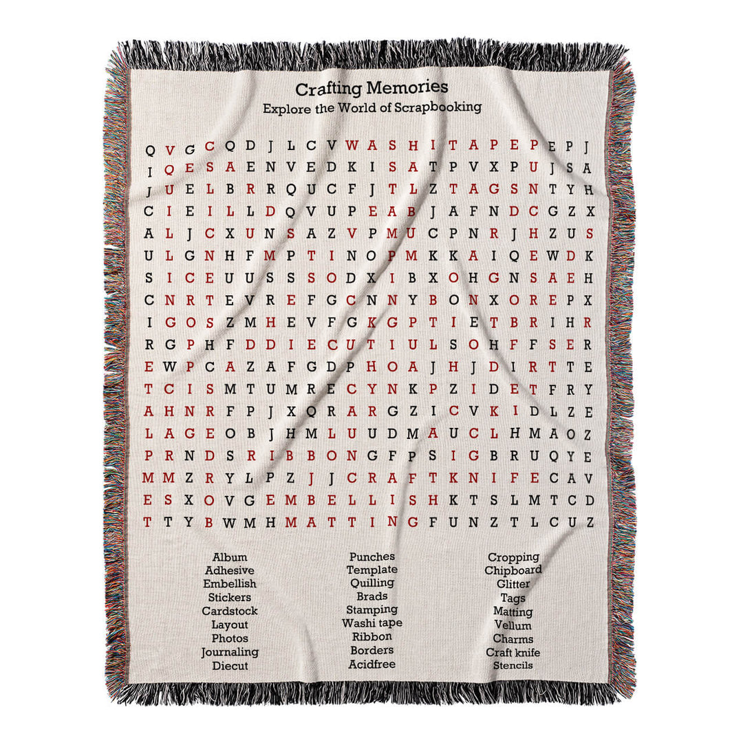 Crafting Memories Word Search, 50x60 Woven Throw Blanket, Red#color-of-hidden-words_red