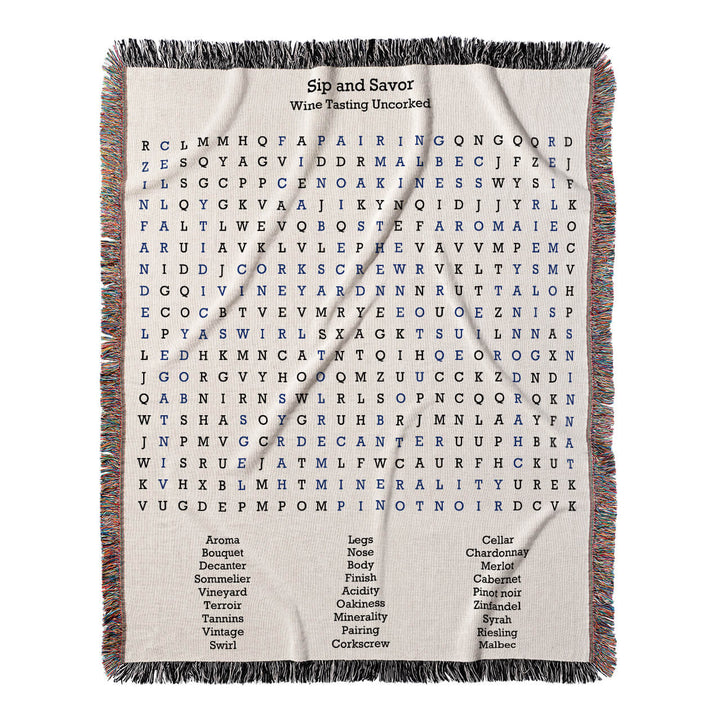 Sip and Savor Word Search, 50x60 Woven Throw Blanket, Blue#color-of-hidden-words_blue