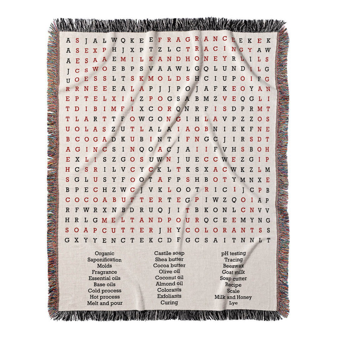 Suds and Scents Word Search, 50x60 Woven Throw Blanket, Red#color-of-hidden-words_red