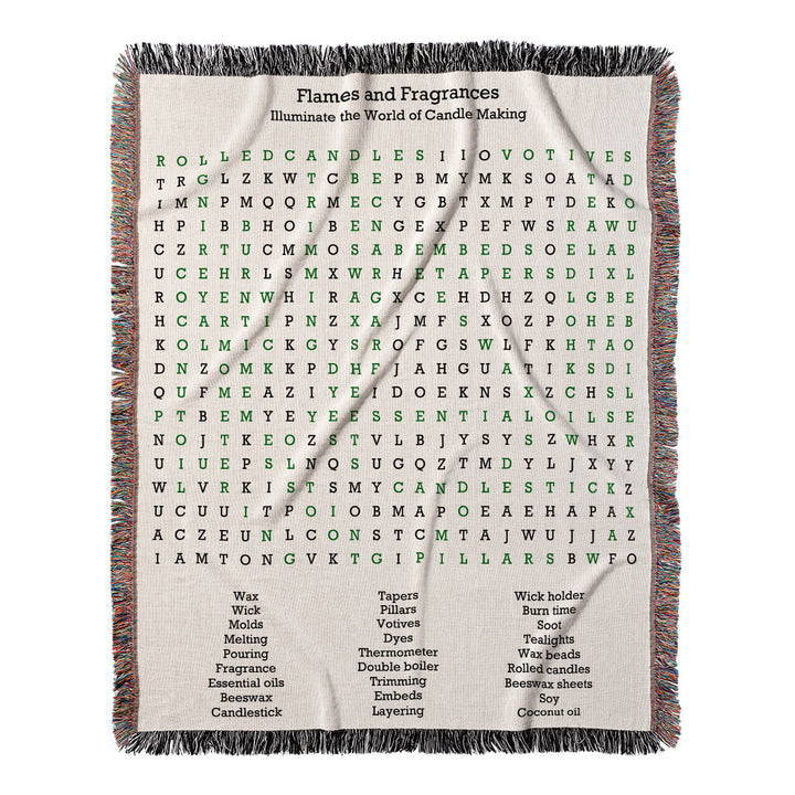 Flames and Fragrances Word Search, 50x60 Woven Throw Blanket, Green#color-of-hidden-words_green