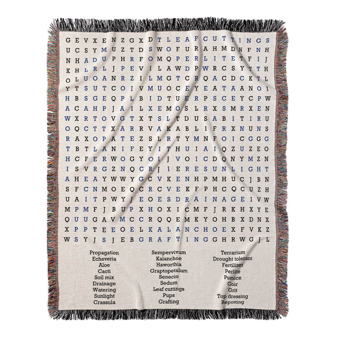 Succulent Serenity Word Search, 50x60 Woven Throw Blanket, Blue#color-of-hidden-words_blue